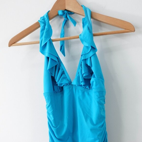 KENNETH COLE Swimsuit Small Skirted One Piece Ruched V Neck Open Back Ruffle - Picture 3 of 13